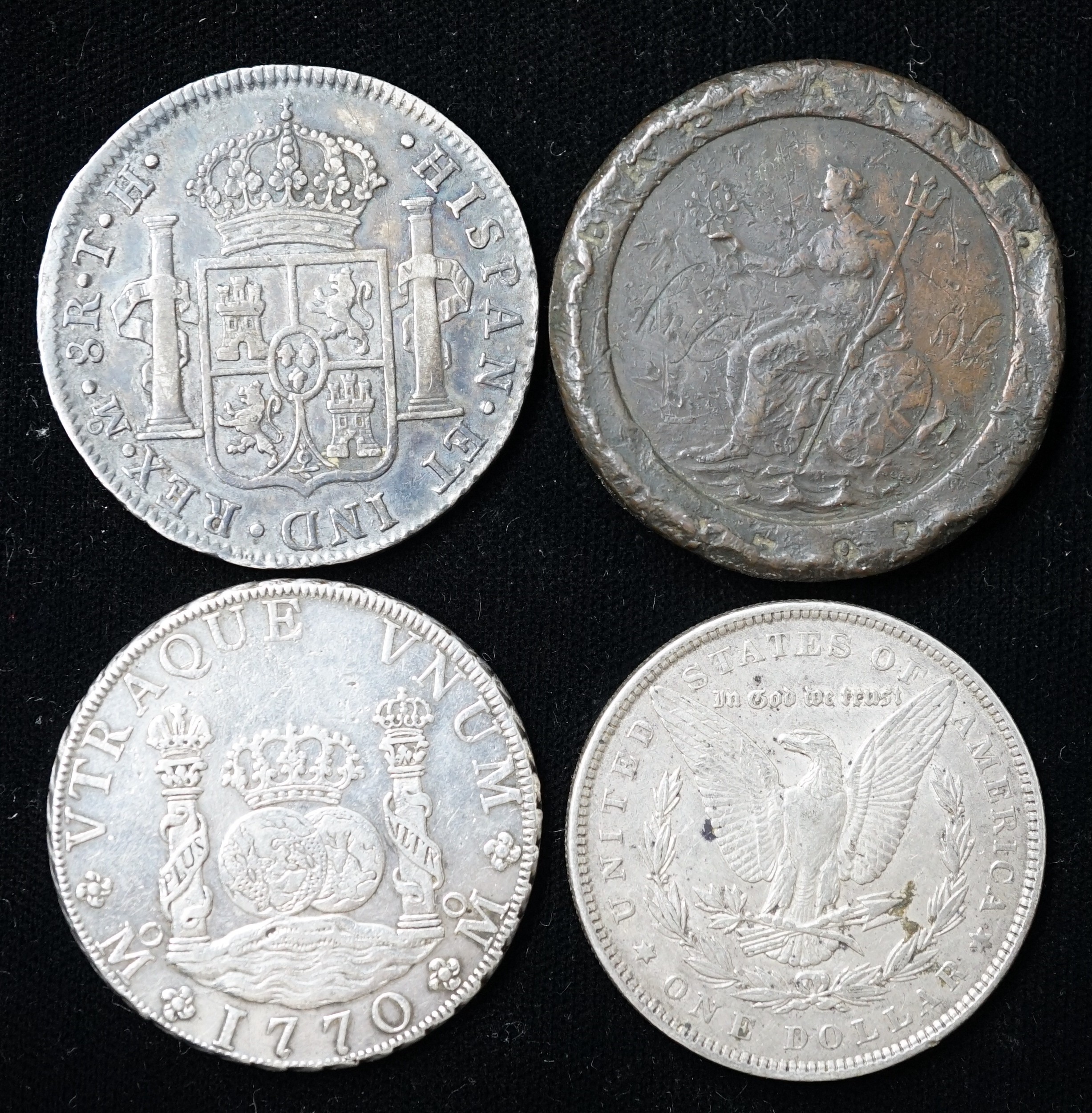 Spain coins, Charles III 8 Reales, Mexico 1770, cleaned otherwise good VF, a Charles IV 8 Reales, 1807, an 1886 Morgan dollar and a 1797 cartwheel twopence (4)